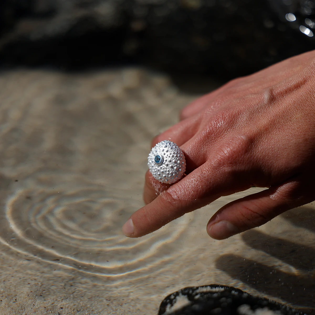 Silver and blue topas sea urchin ring Mauritius