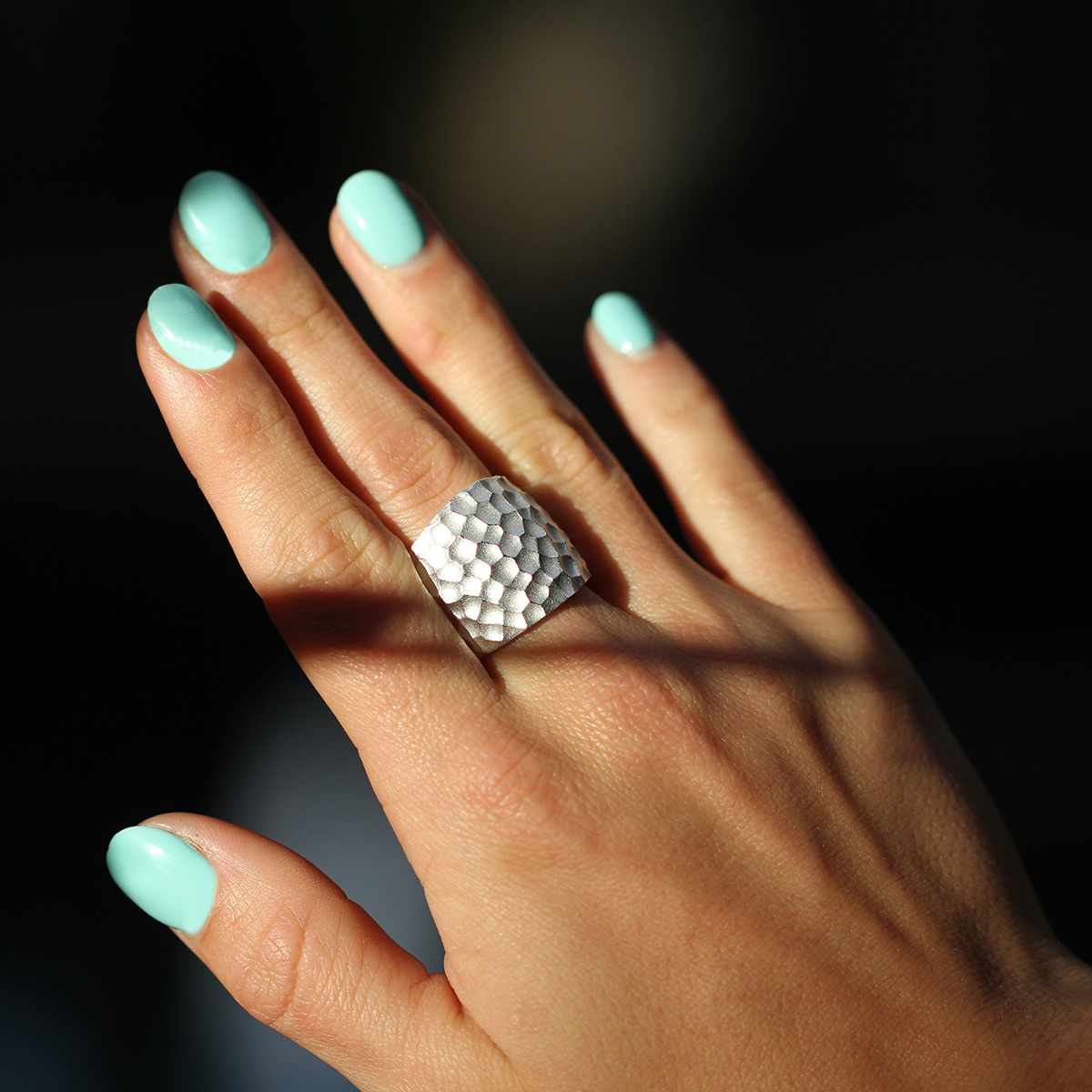 Bold rock textured ring in sterling silver