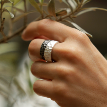 Rock textured rings in black silver and white silver