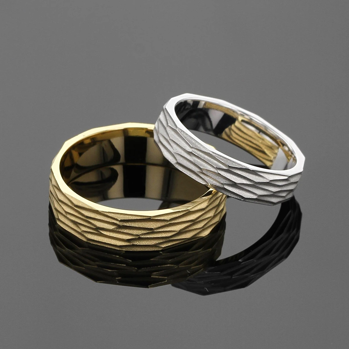 Textured wedding rings in yellow and white gold