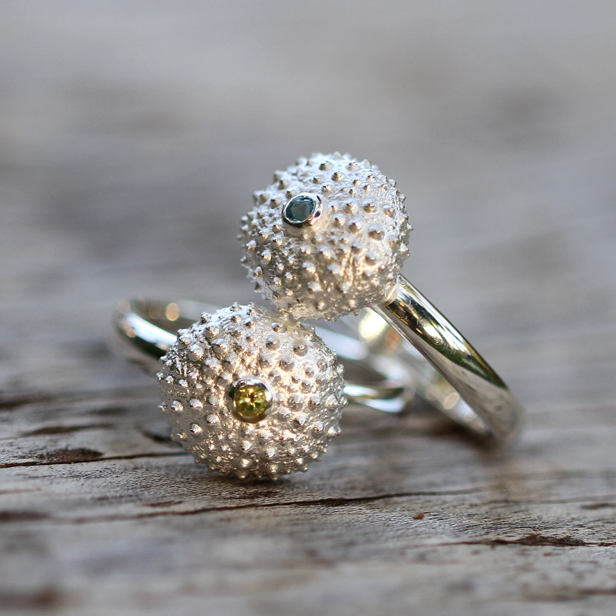 Mini sea urchin rings in silver with precious stones