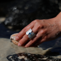 Silver sea urchin ring with Blue Topas