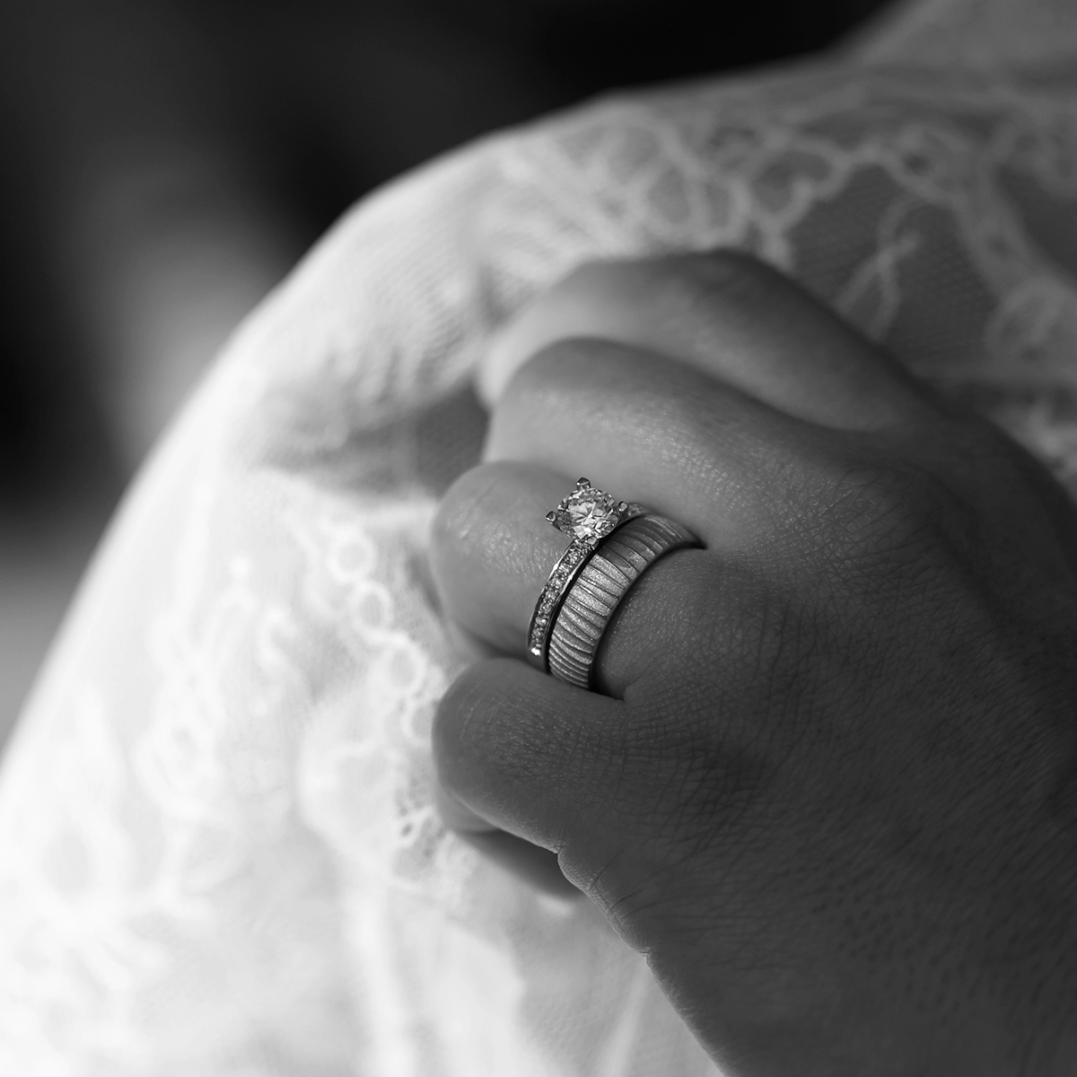 Diamond engagement ring and organic wedding band